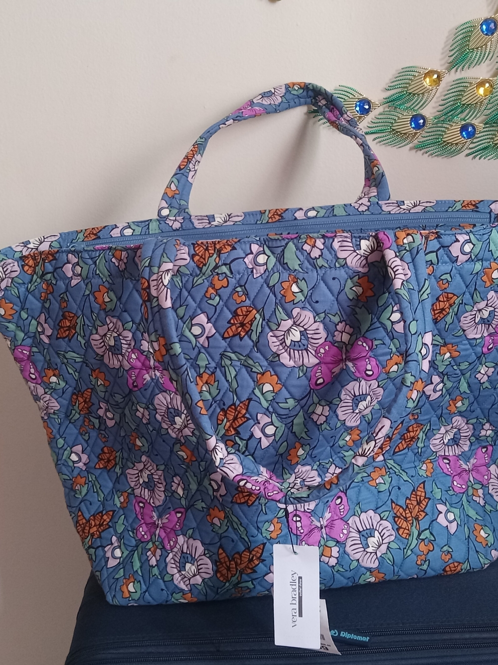 Vera Bradley Blue Quilted Floral Tote with Purple and Orange Accents - Picture 14 of 14